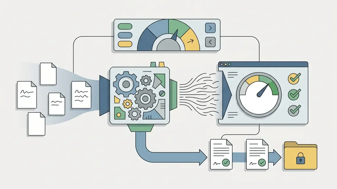 Data documents flowing through a mechanical gear processor into a dashboard with quality gauges and file storage