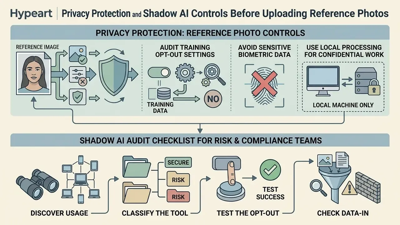 Visual guide for managing reference photo privacy and auditing shadow AI tools in corporate environments