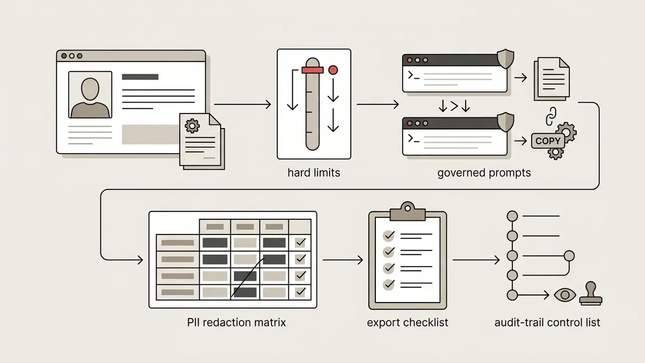 Process flow showing employee data passing through hard limits, governed prompts, PII redaction, and audit controls