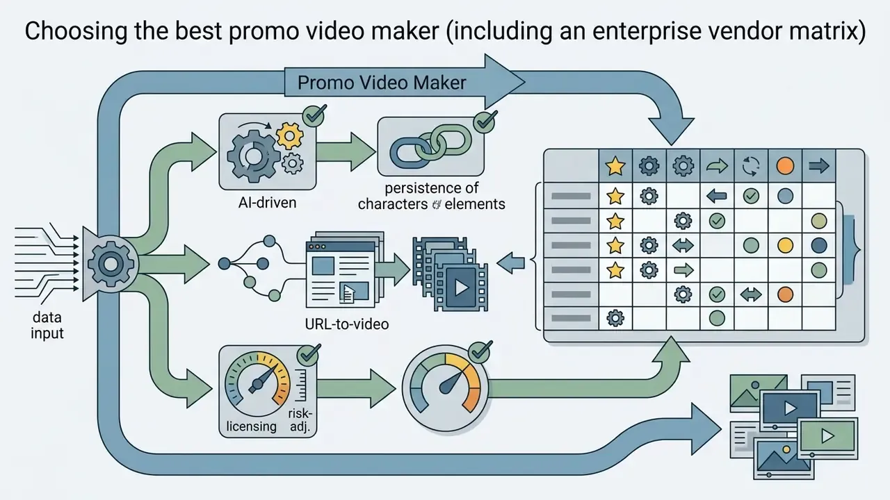 Workflow showing data inputs processed through AI and URL conversion tools into a vendor evaluation matrix