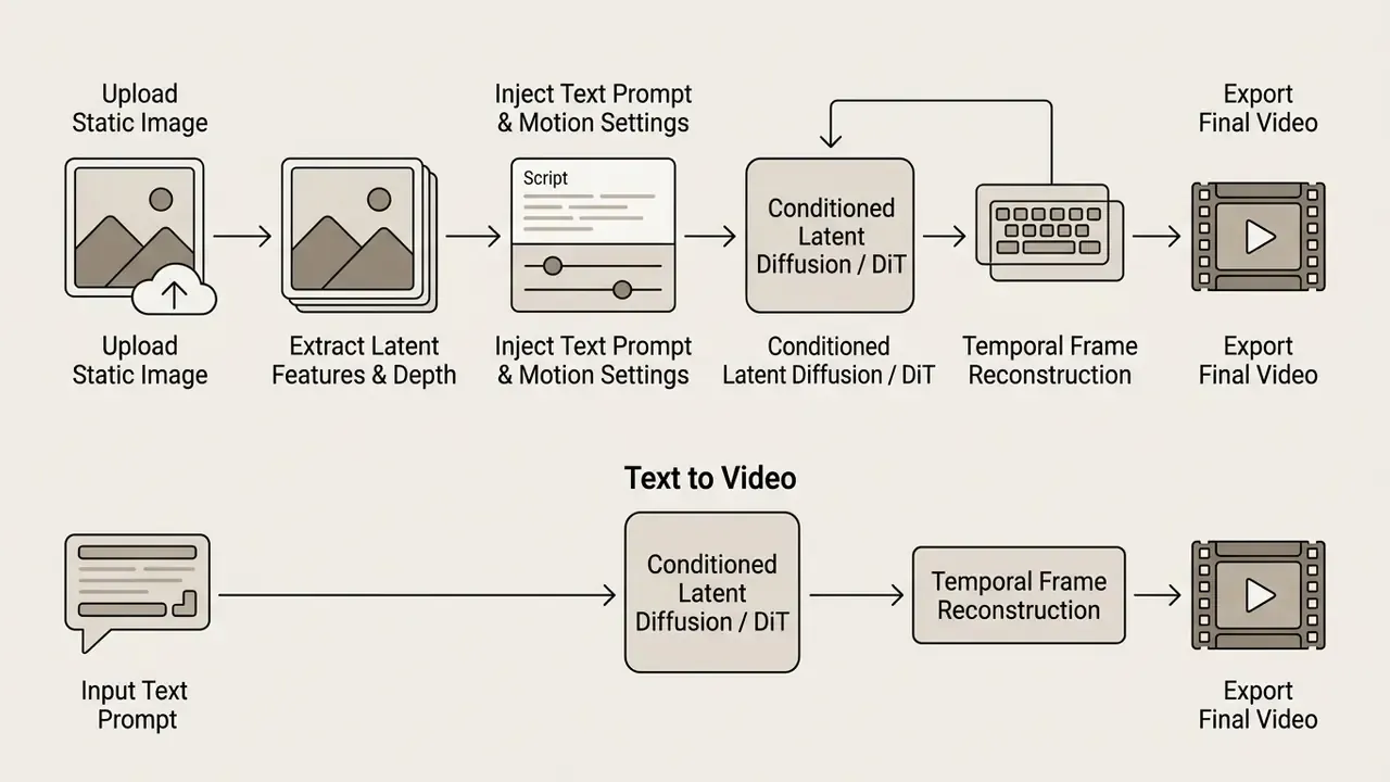 Diagram showing the step-by-step technical workflow for image-to-video and text-to-video generation