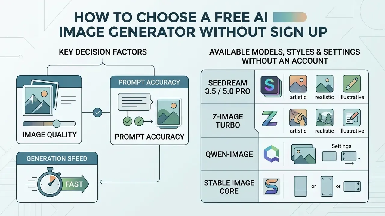 Infographic comparing key decision factors and available models for a free AI image generator without sign up