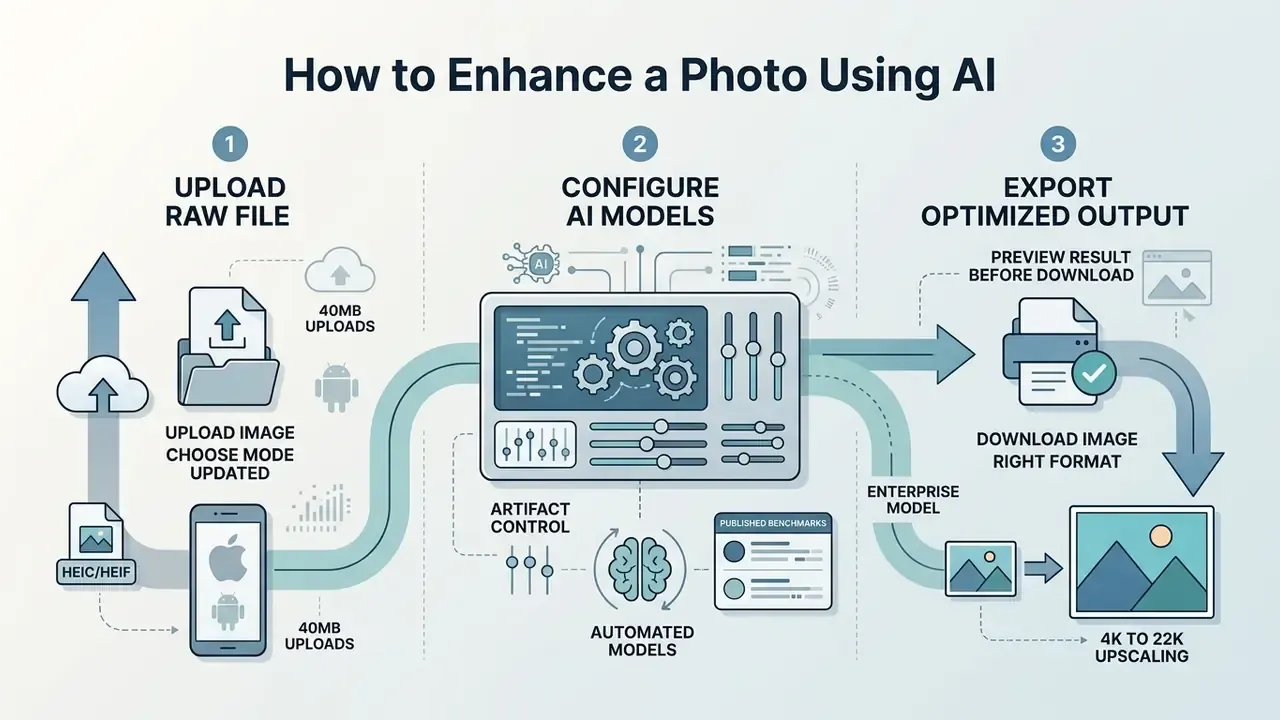 Three-step workflow showing file upload, model configuration, and optimized image export