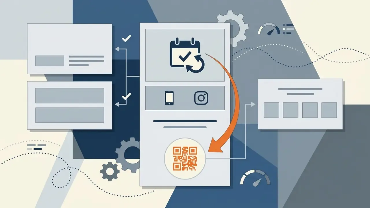 Vertical business card layout featuring contact icons and a QR code linked by gears and performance gauges