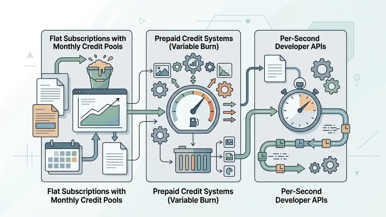 Three panels showing subscription, prepaid credit, and API billing mechanics for AI video generation