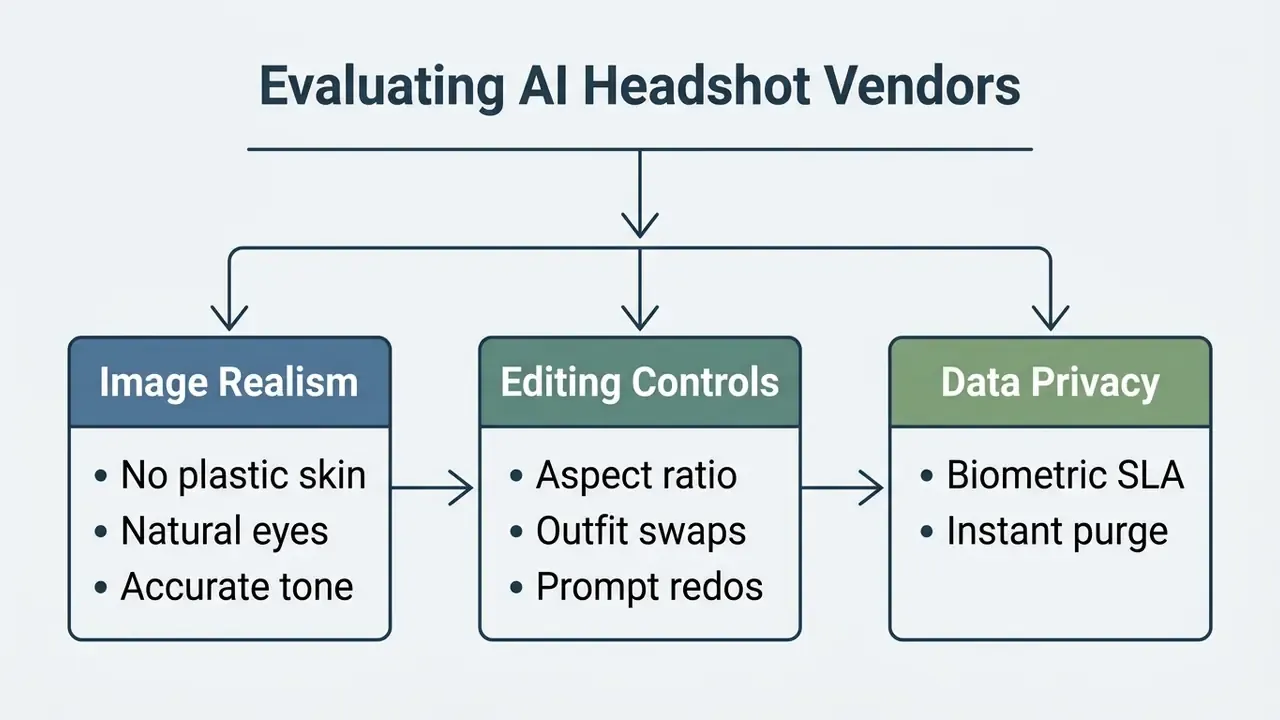 Flowchart categorizing key evaluation criteria for AI portrait services into realism, editing, and privacy