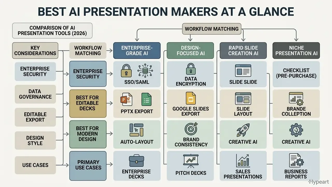 Matrix chart categorizing AI presentation tools by security, design, and workflow requirements