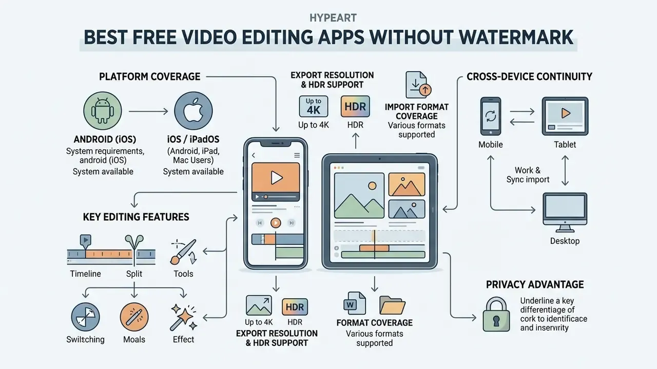 Infographic detailing features and cross-device workflows for free video editing software no watermark