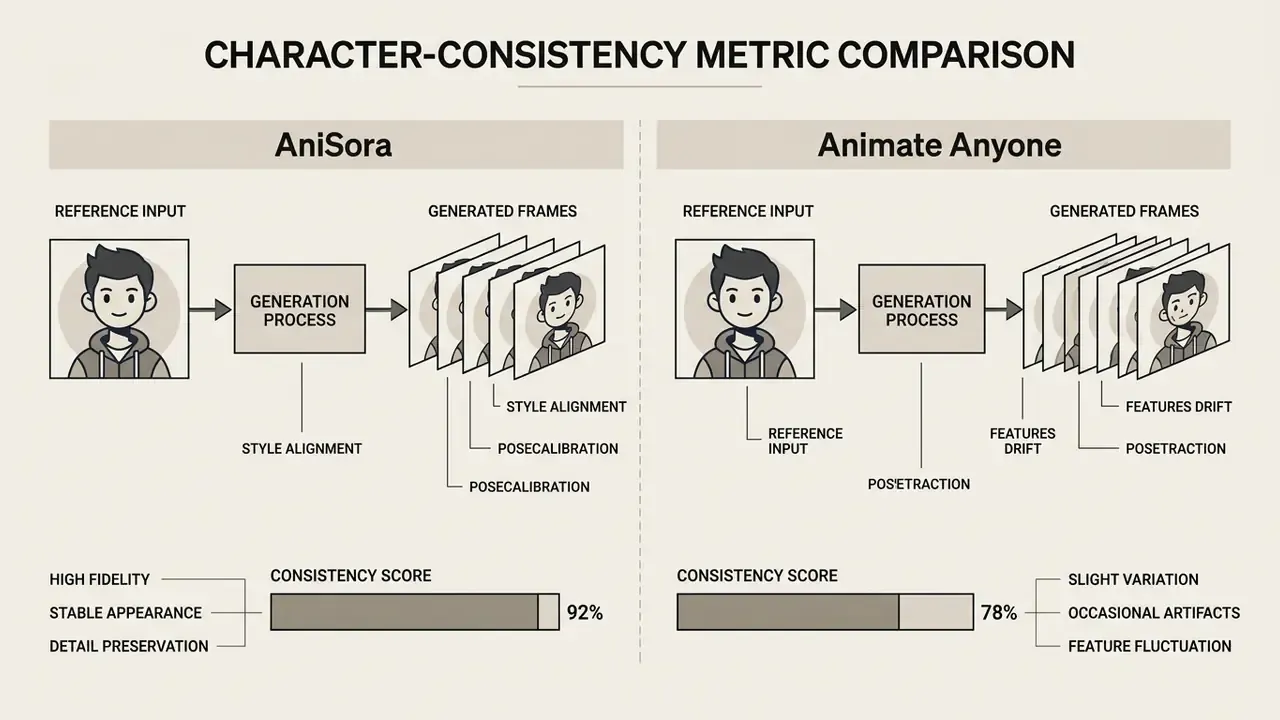 Side by side visual analysis of character consistency metrics for AniSora and Animate Anyone tools