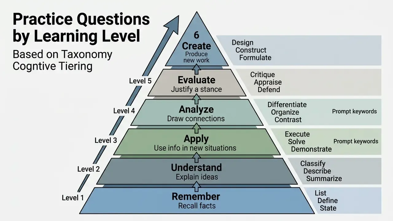 Pyramid diagram showing six cognitive levels from remember to create with corresponding prompt keywords