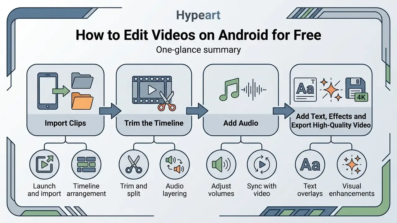 Step-by-step workflow for editing videos on Android including importing, trimming, audio, and exporting