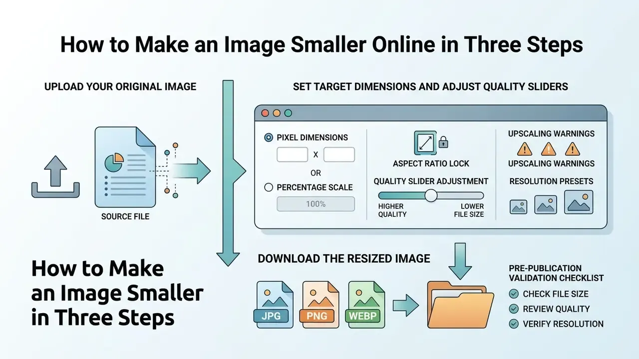 Flowchart illustrating how to upload a file, adjust dimensions and quality settings, then save the output