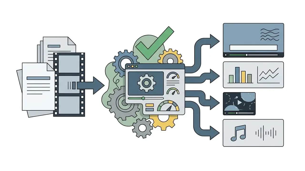 Raw video files entering a gear mechanism to be processed into captioned clips, charts, and audio elements