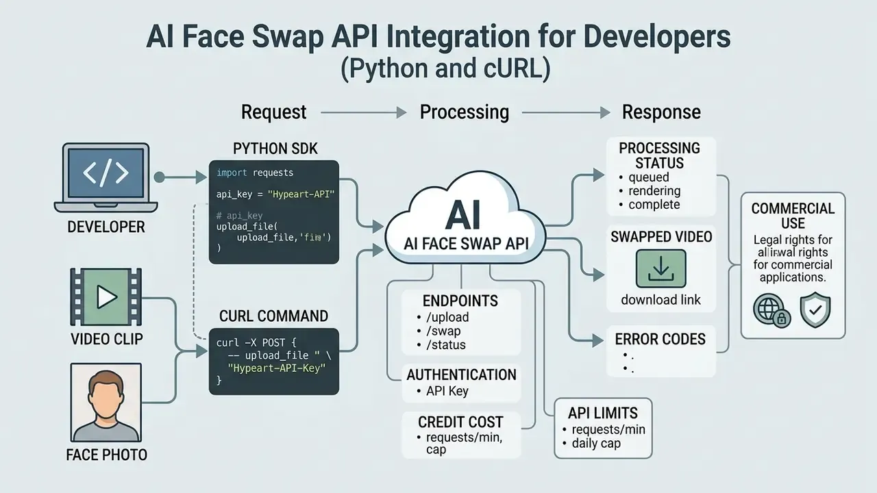 Diagram showing the workflow of an AI face swap API including request, processing and response stages