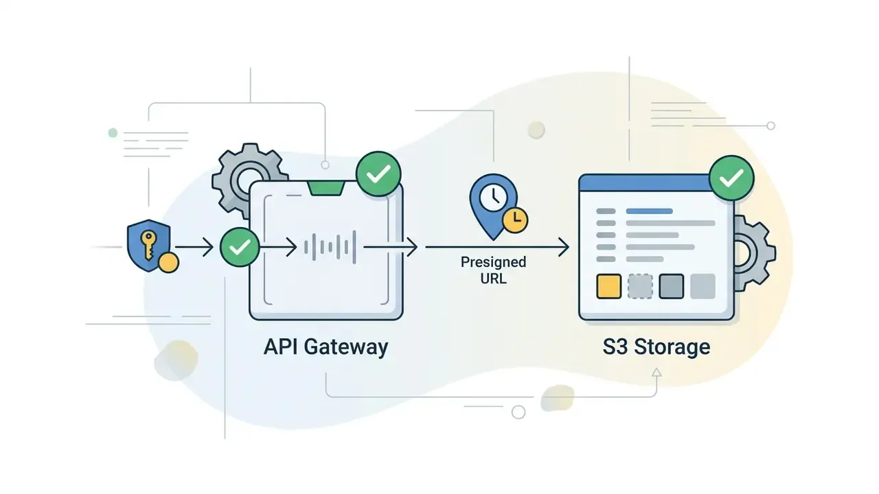 API Gateway validating authorization and issuing a presigned URL for secure S3 Storage access
