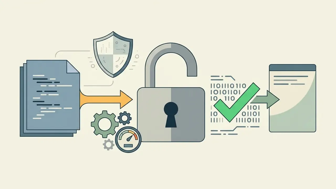 Code document moving through gears and a padlock to a green checkmark and output file