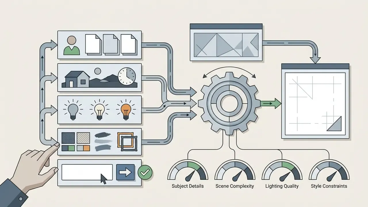 Hand selecting prompt parameters that feed into a gear mechanism to generate a structured visual output