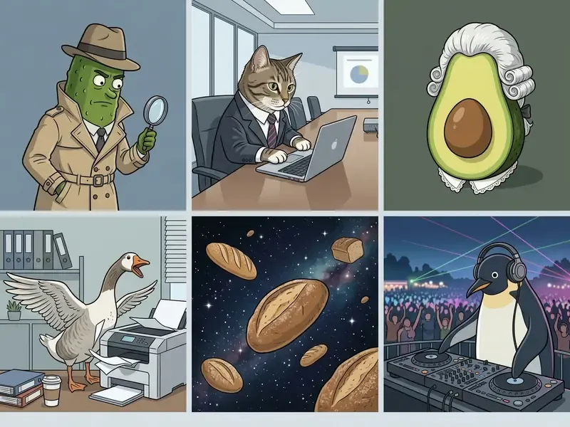 Six panels of goofy AI images including a pickle detective, a cat in a suit, and a penguin DJ