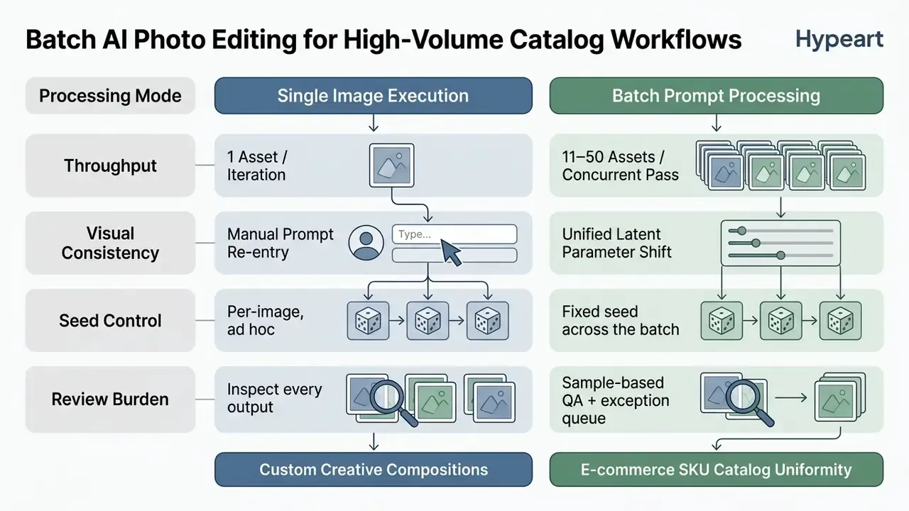 Diagram contrasting single image execution workflows with batch prompt processing for catalog tasks