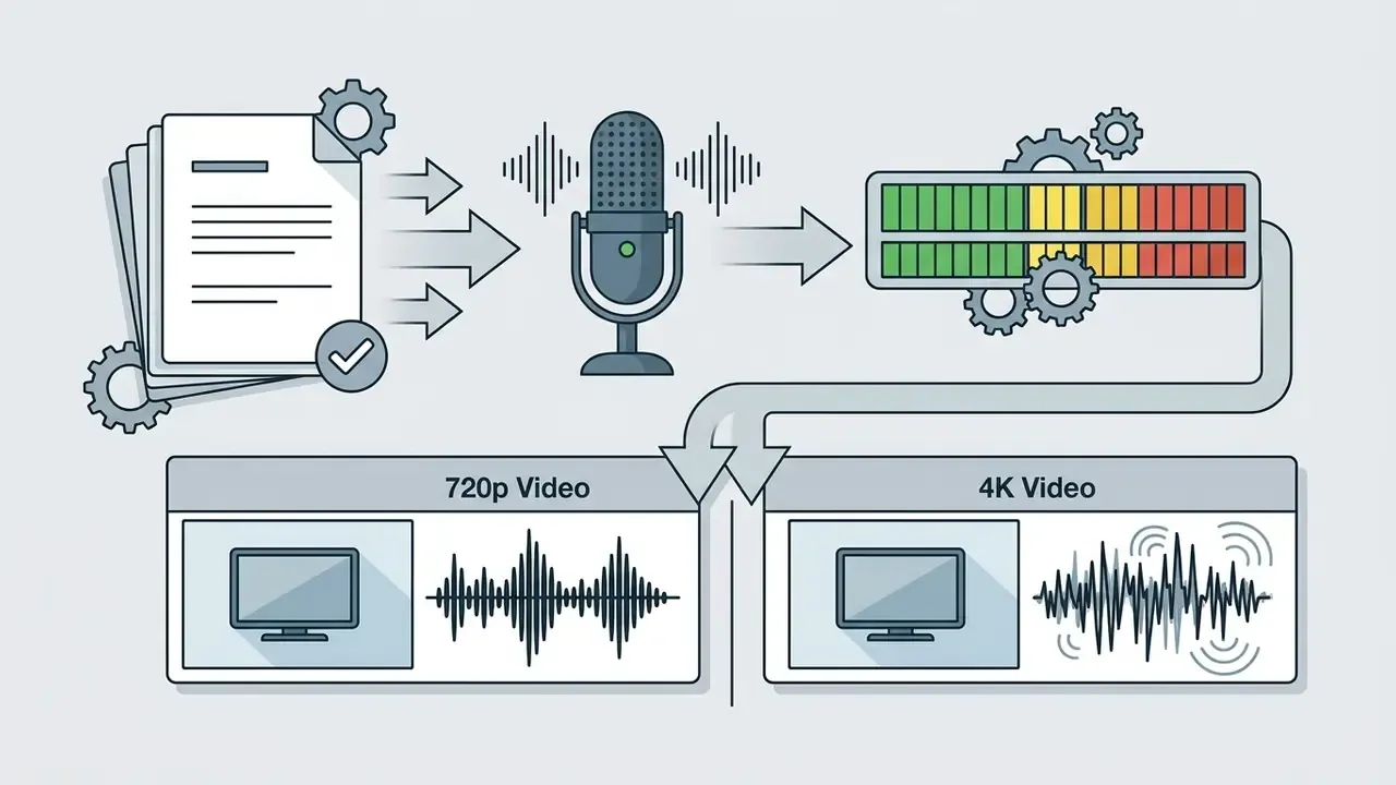 Script pages feeding into a microphone and audio gauge to compare 720p and 4K video output quality