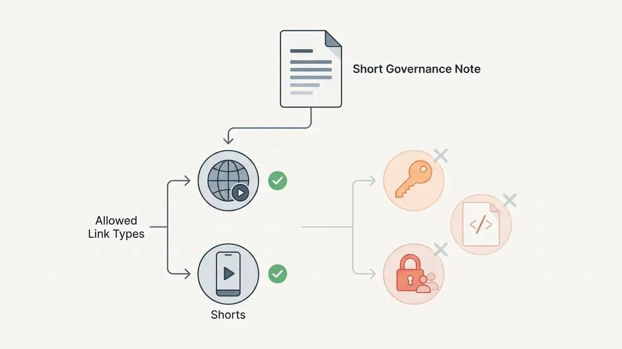 Document icon connecting to allowed public video links while marking private and restricted URLs with an X