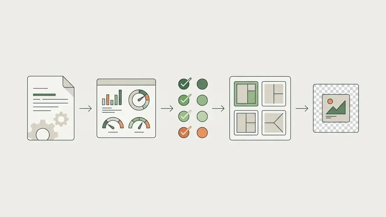 Sequence of icons showing document processing, dashboard metrics, checklist validation, and image layout