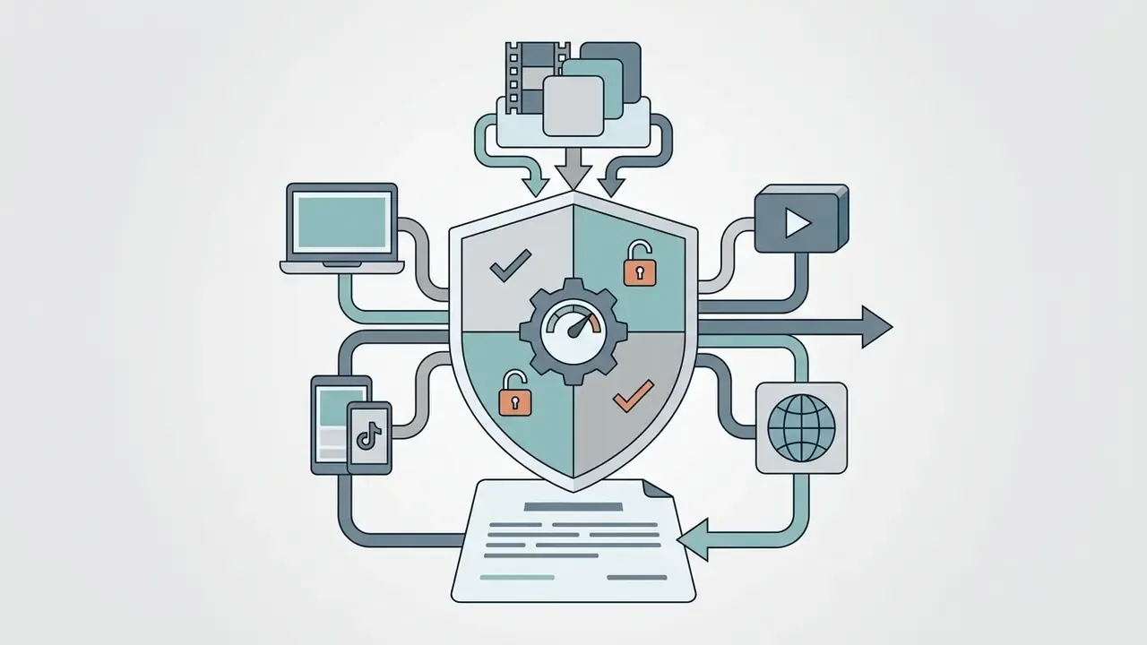 Shield icon with a gear and status symbols connecting various digital devices and document workflows