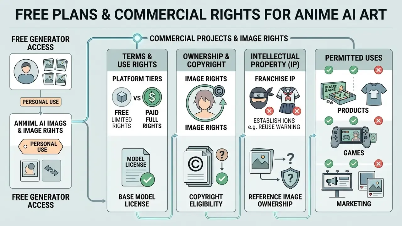 Summary diagram of legal considerations for commercial use of anime AI art generator outputs