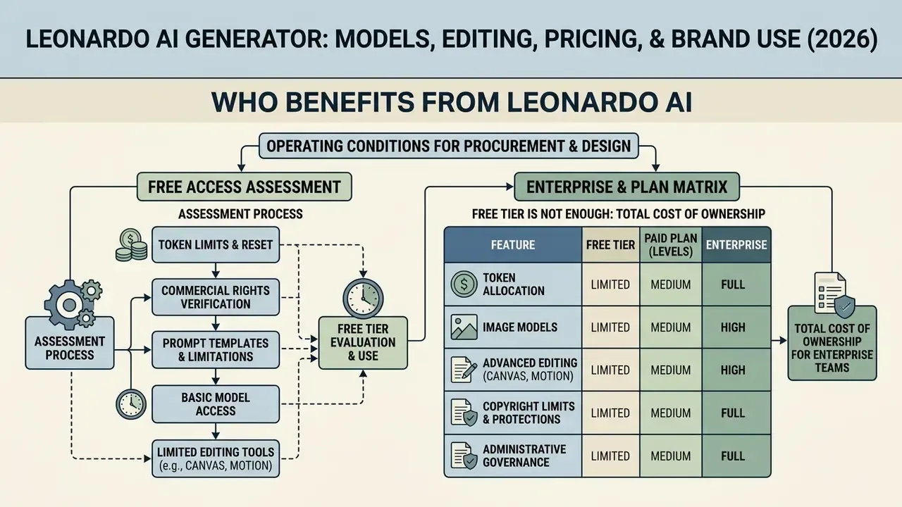 Infographic comparing free access assessment steps against a plan matrix for Leonardo AI enterprise teams