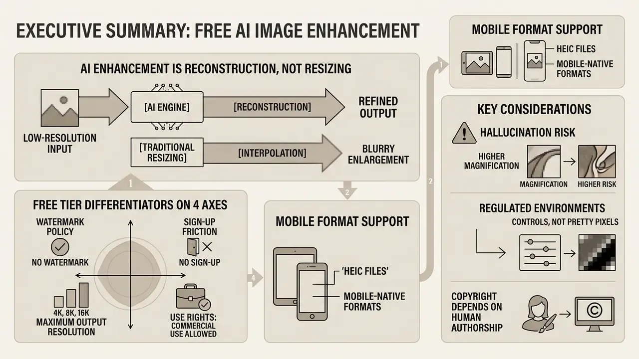 Infographic comparing AI reconstruction to traditional resizing and outlining key considerations for AI tools
