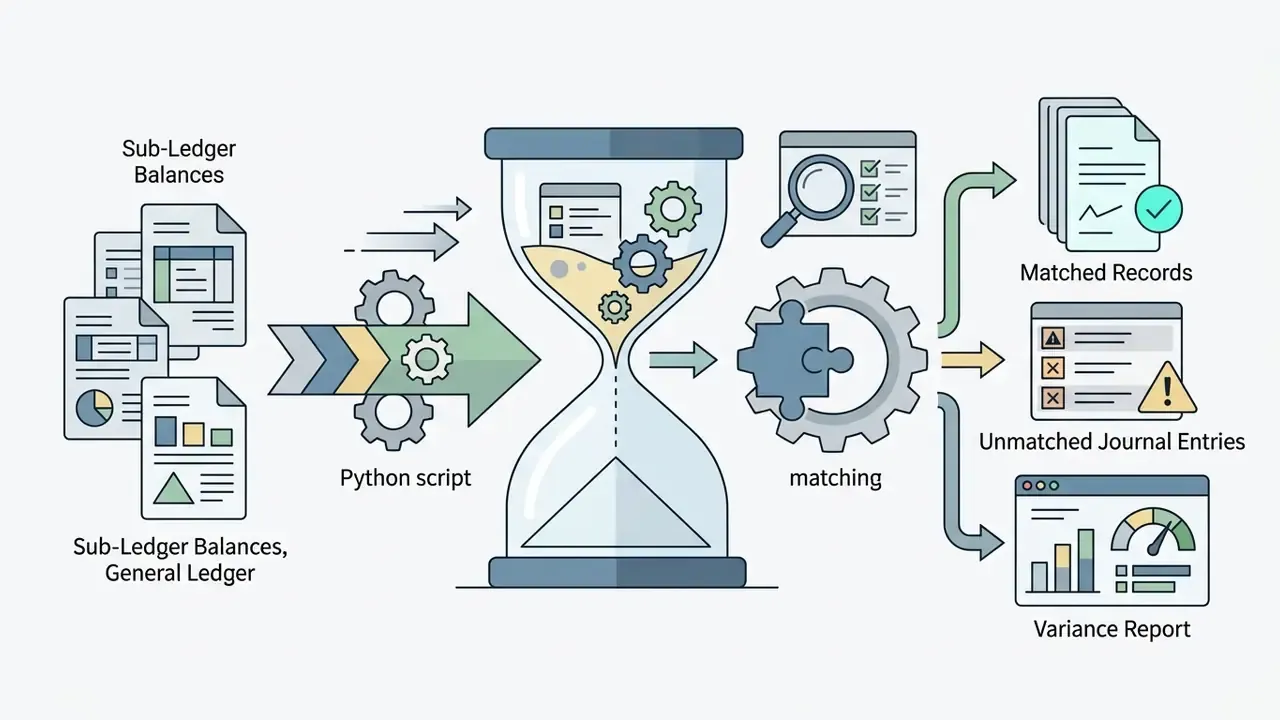 Process flow showing financial data being processed by a Python script to generate reports and alerts