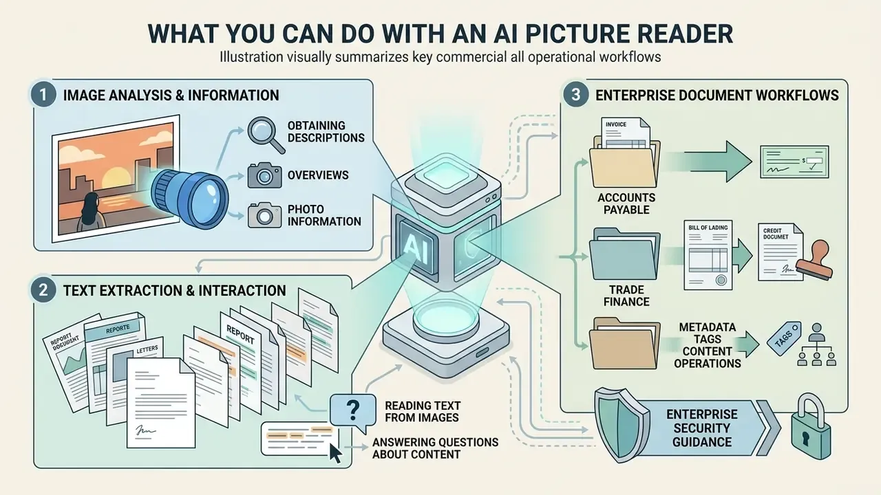 Central AI hub processing visual data into automated document workflows and content analysis tasks