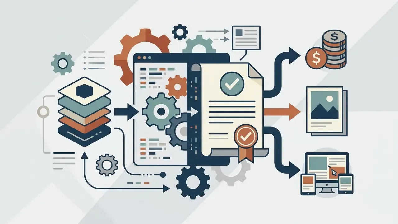 Gears processing data into certified legal documents that branch into currency, images, and digital screens