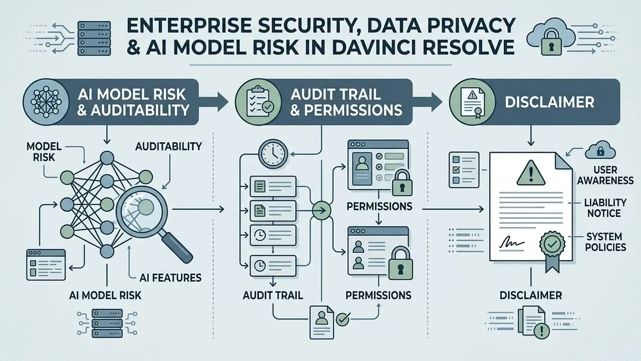Flowchart showing AI model risk, audit trails, permissions, and legal disclaimers for software usage