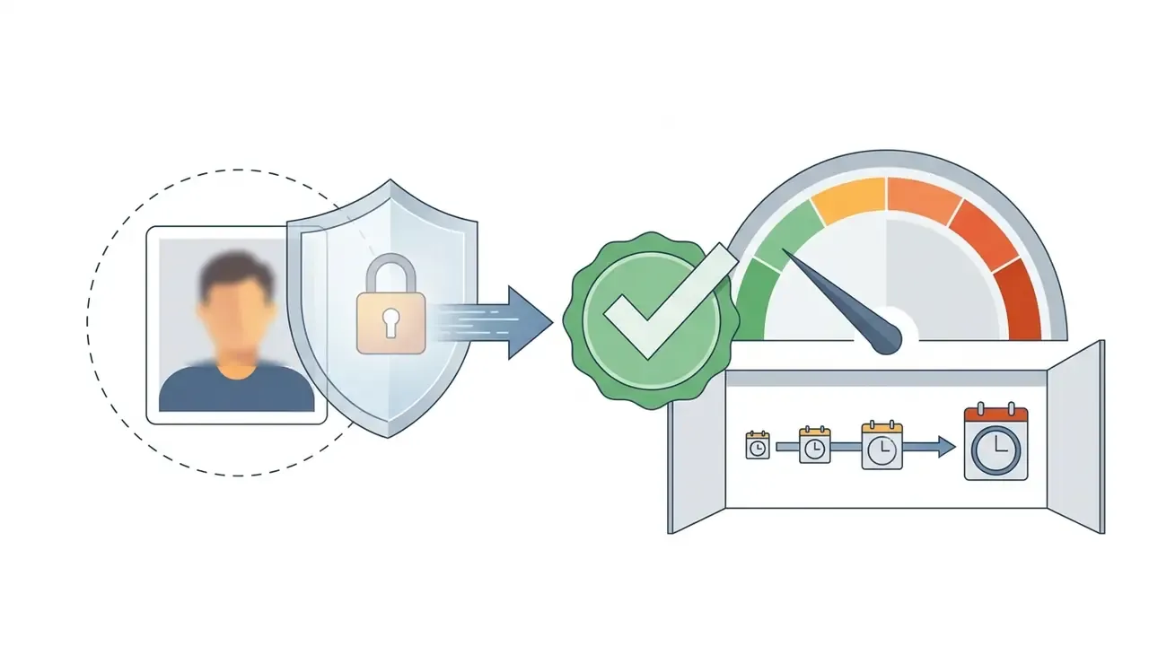 Protected portrait icon moving toward a checkmark and speedometer indicating data retention timelines
