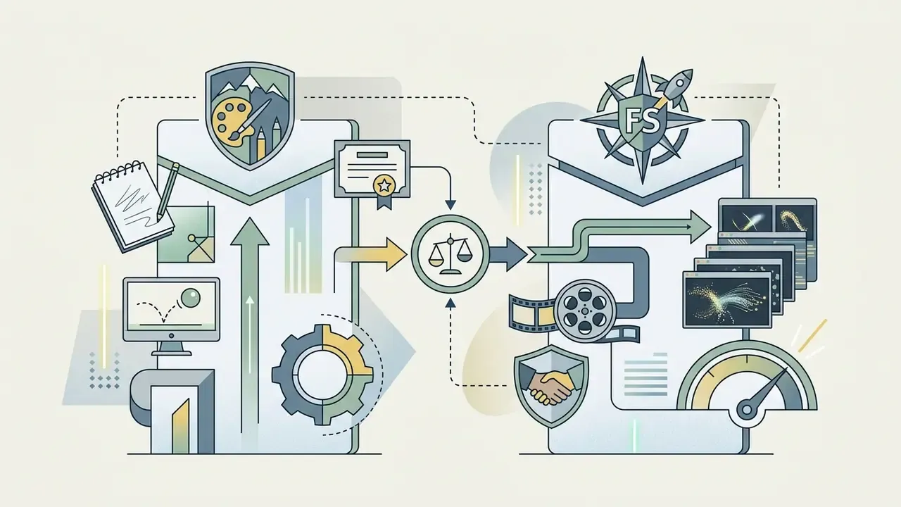Two academic panels connected by a scale icon representing a balance between art and technical training
