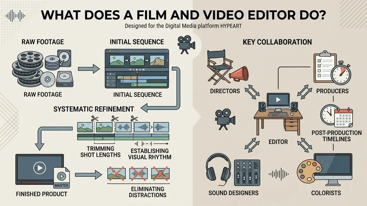 Diagram showing the workflow of refining raw footage and collaborating with production team members