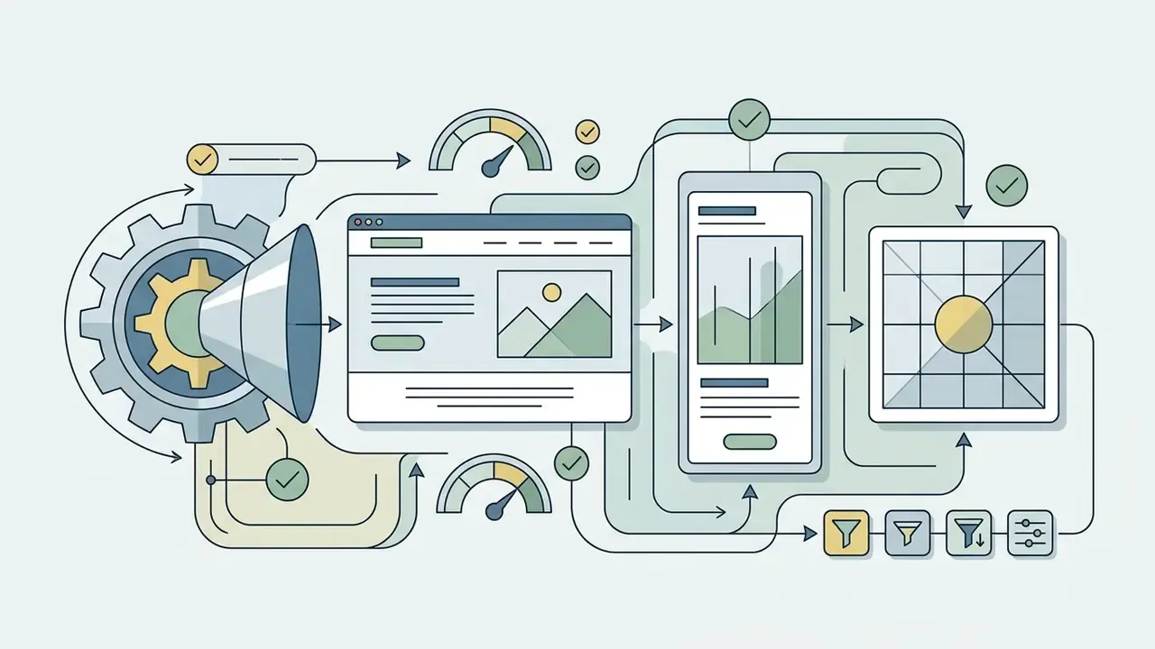 System of gears and funnels processing digital images into web and mobile layouts with filter controls