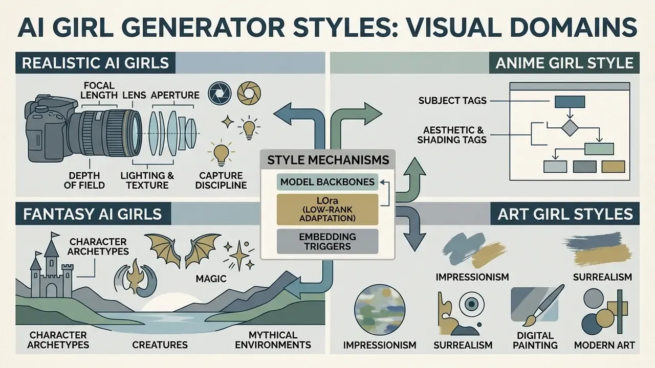 Infographic showing how model backbones and LoRA modules shift outputs between realistic, anime, and art styles