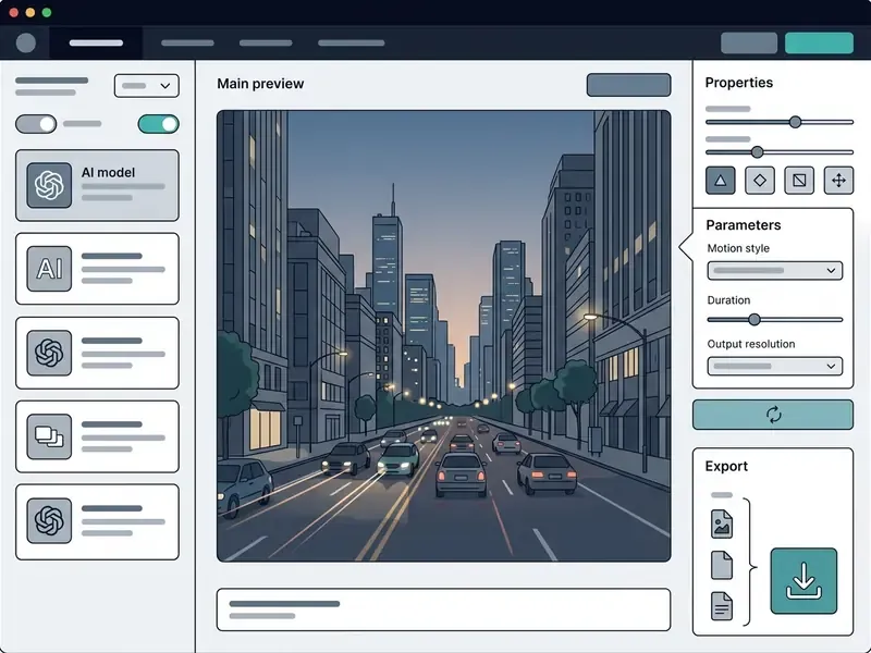 Dashboard interface displaying a city street scene with model selection and video parameter settings