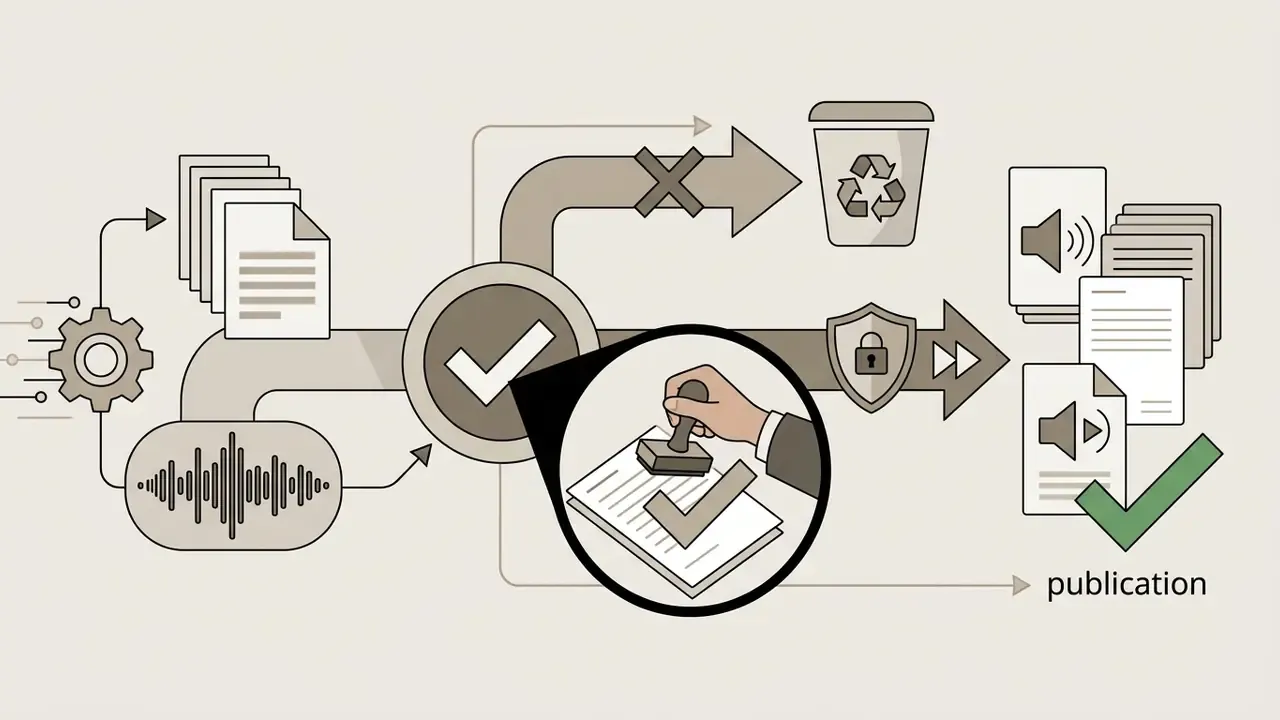 Manual review process showing a hand stamping a document to approve audio files for final publication