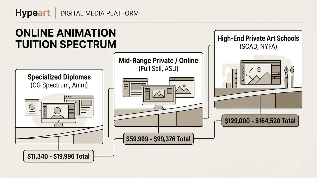 Comparison of tuition costs across three tiers of animation education ranging from diplomas to art schools