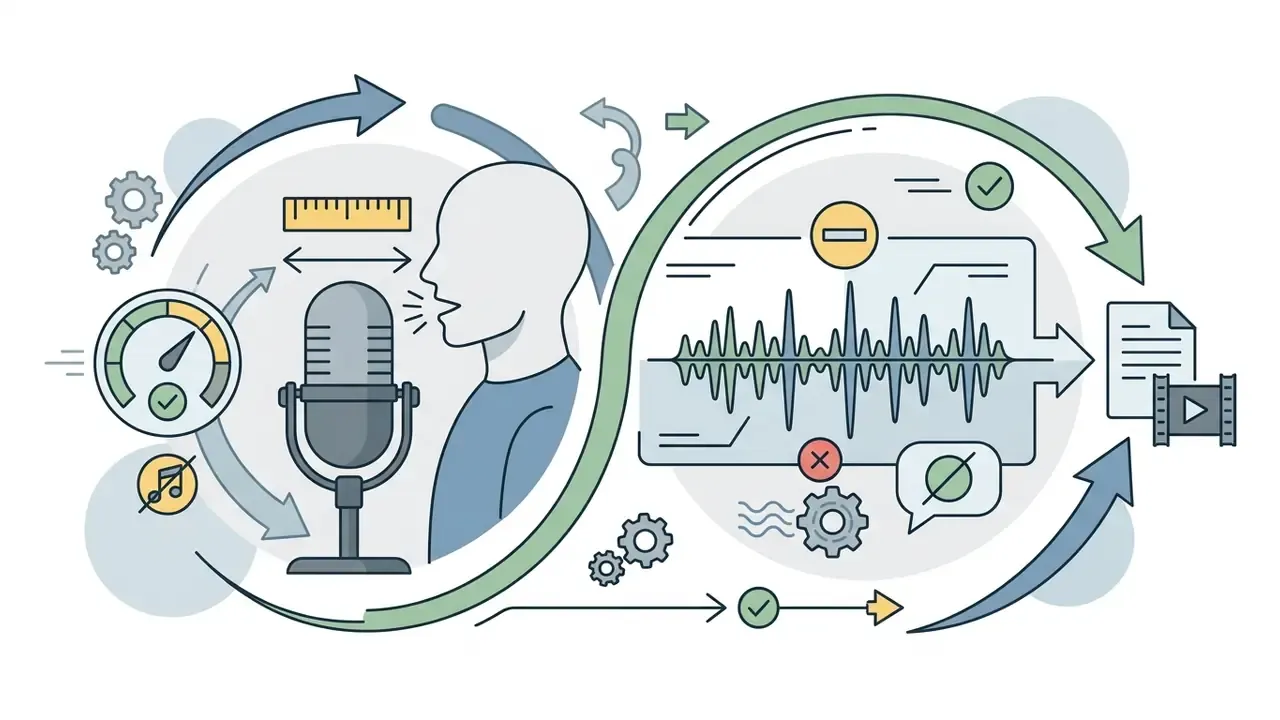 Person speaking into a microphone with audio waveform analysis and quality control icons in a cycle