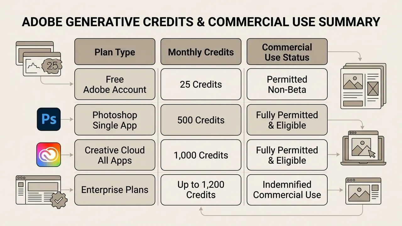 Table comparing Adobe subscription plans by monthly generative credits and commercial usage permissions