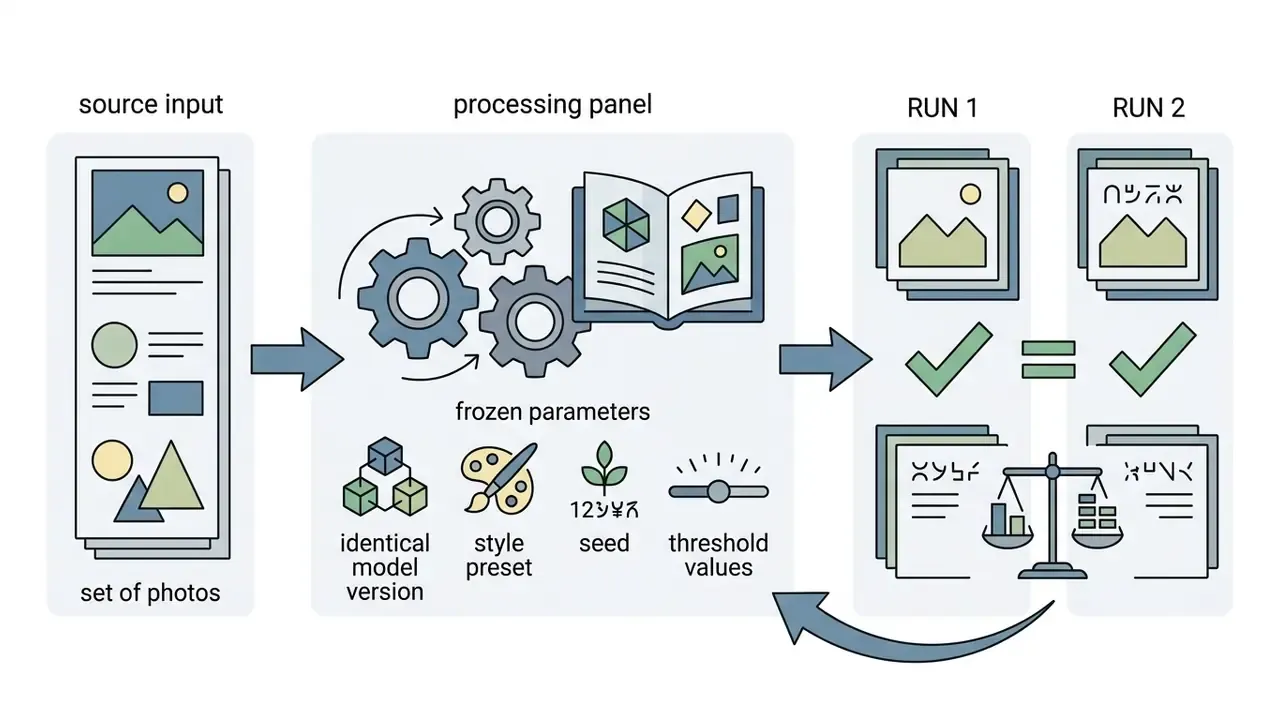 Workflow showing image inputs processed with identical parameters to compare output stability