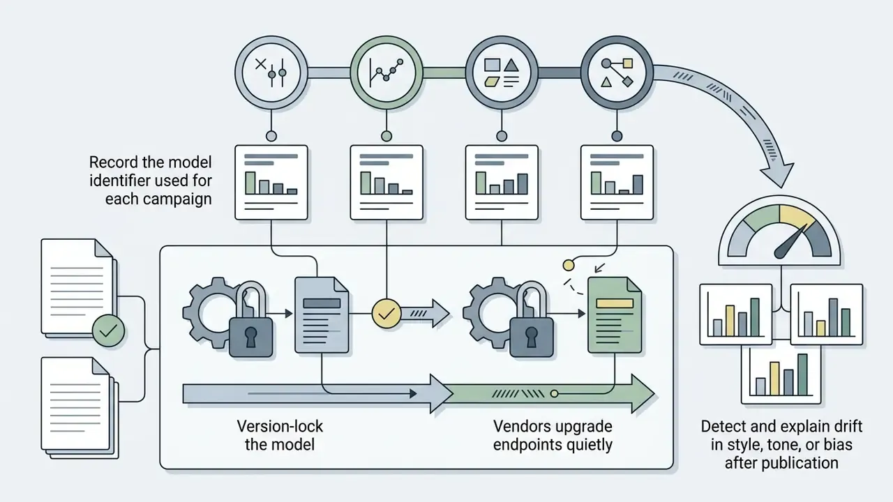Process map showing how version locking models helps detect and explain drift in AI art generation