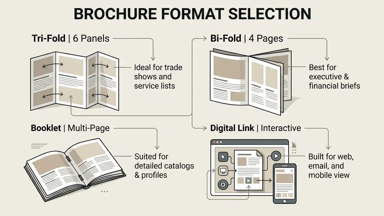 Comparison chart detailing four brochure formats including tri-fold, bi-fold, booklet, and digital link