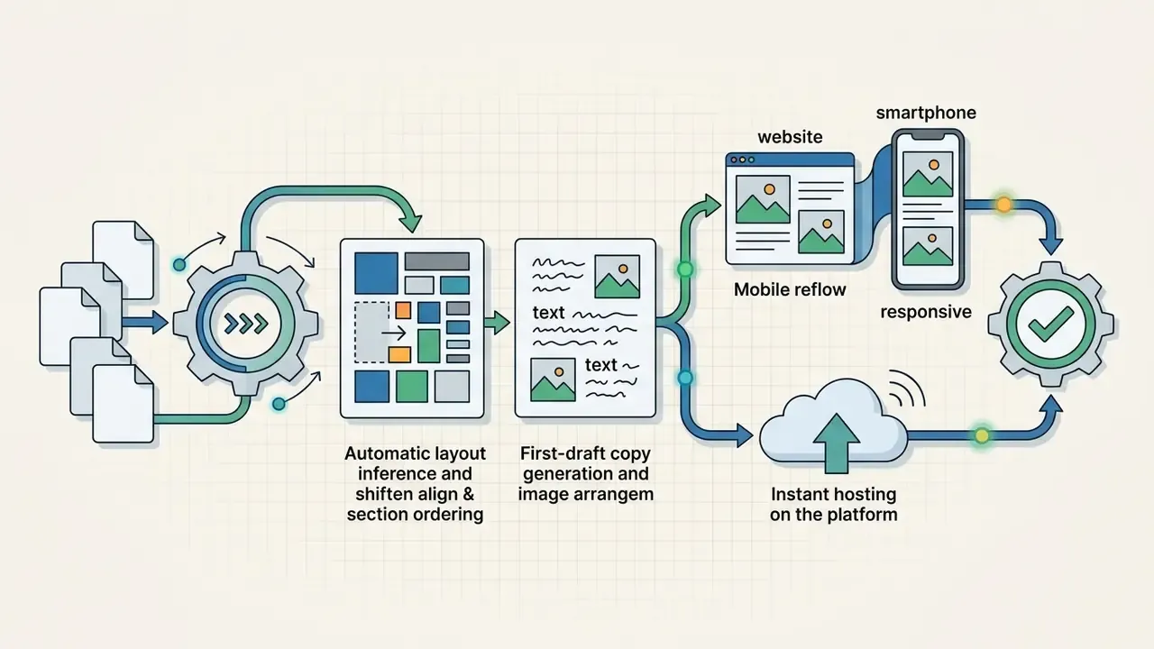 Process showing documents transformed into a responsive website with mobile reflow and cloud hosting