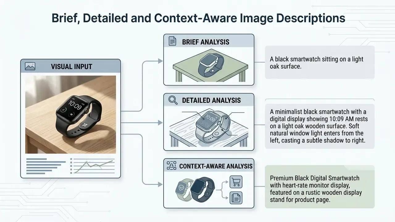 Diagram comparing brief, detailed, and context-aware text outputs generated from a single smartwatch photo