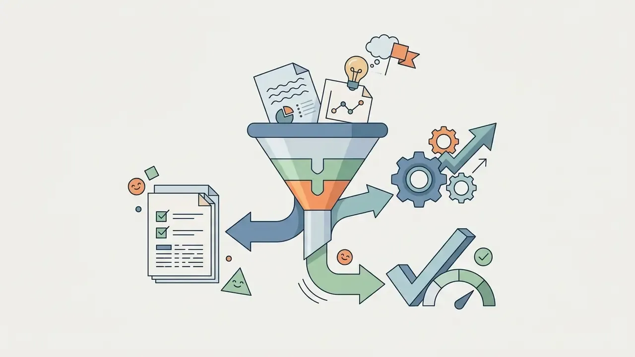 Documents and lightbulb icon passing through a funnel into gears and a gauge with a checkmark